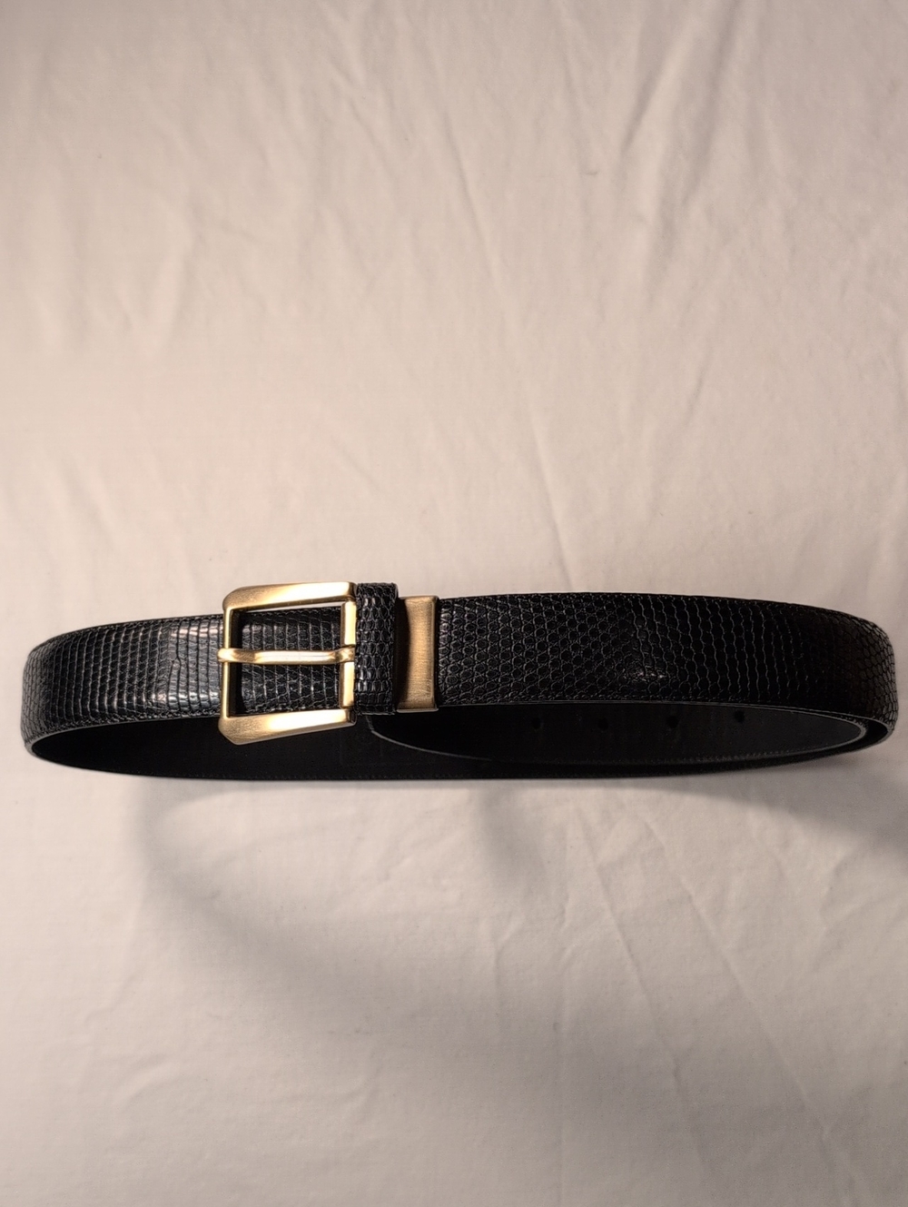 CALE Black Textured Leather Belt with Gold Buckle